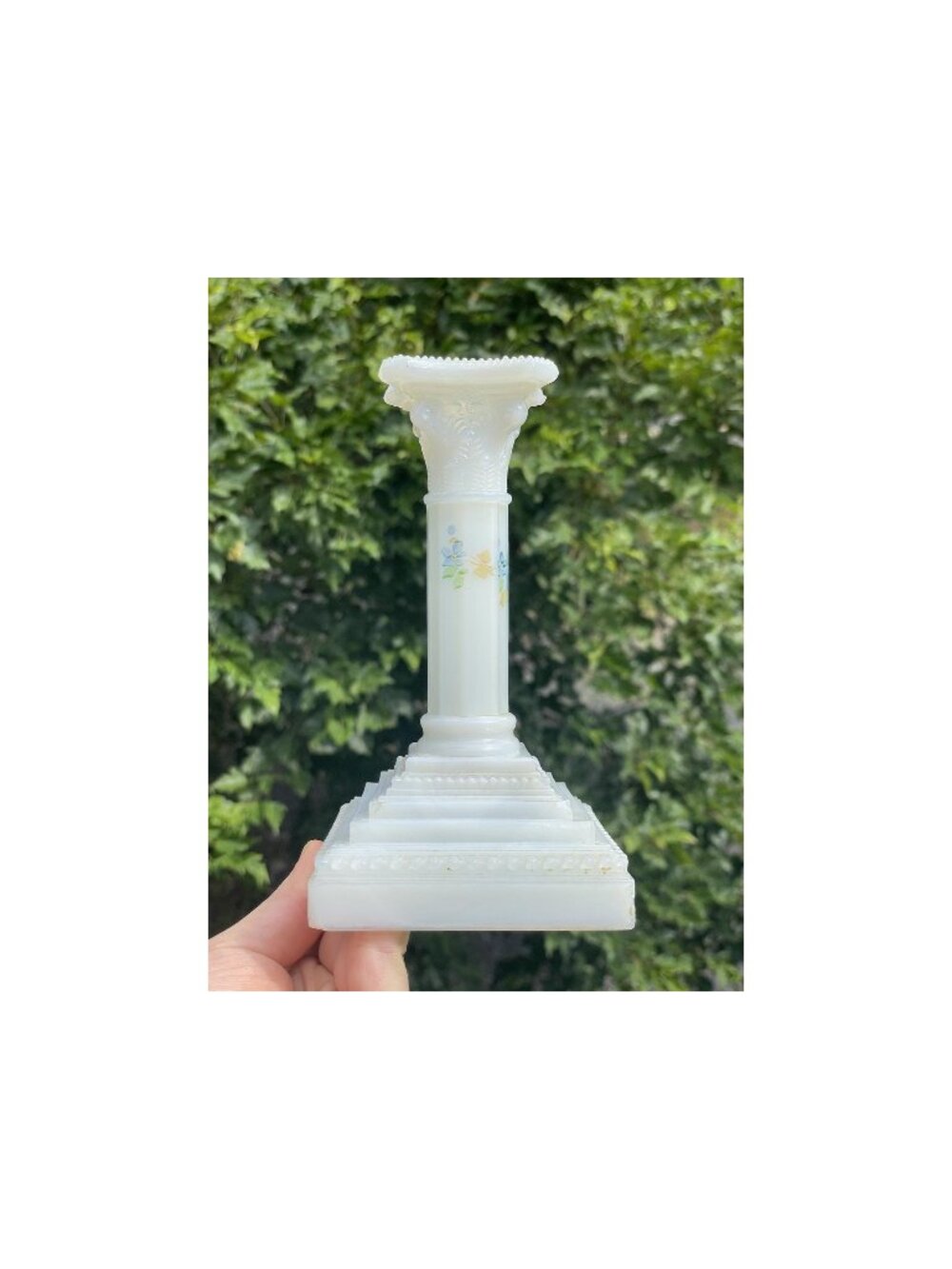 Antique Opalescent Beaded Pillar Column Pressed Glass Candlestick Holder